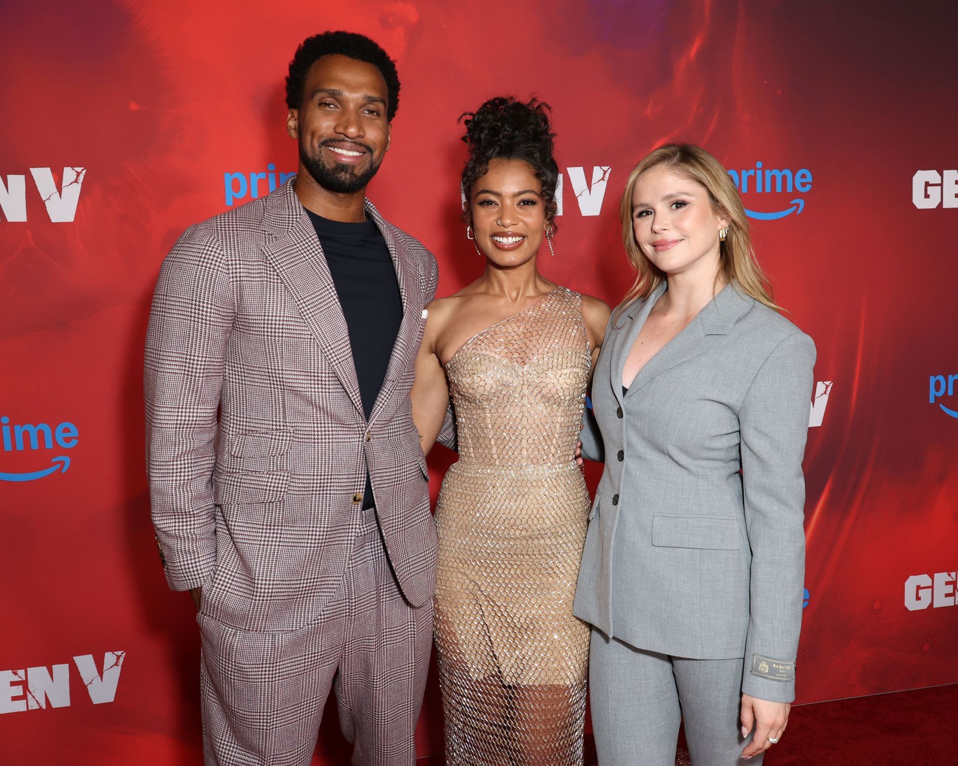 (L-R) Nathan Mitchell, Jaz Sinclair, and Erin Moriarty at the premiere of the series (Image via Getty)