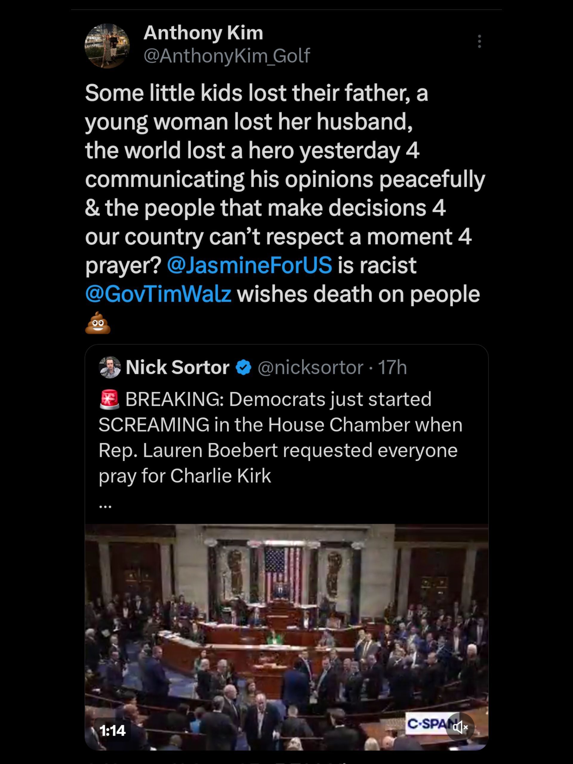 Screenshot from Kim&#039;s X post on Tim Walz and Jasmine Crockett / Source: @AnthonyKim_Golf on X