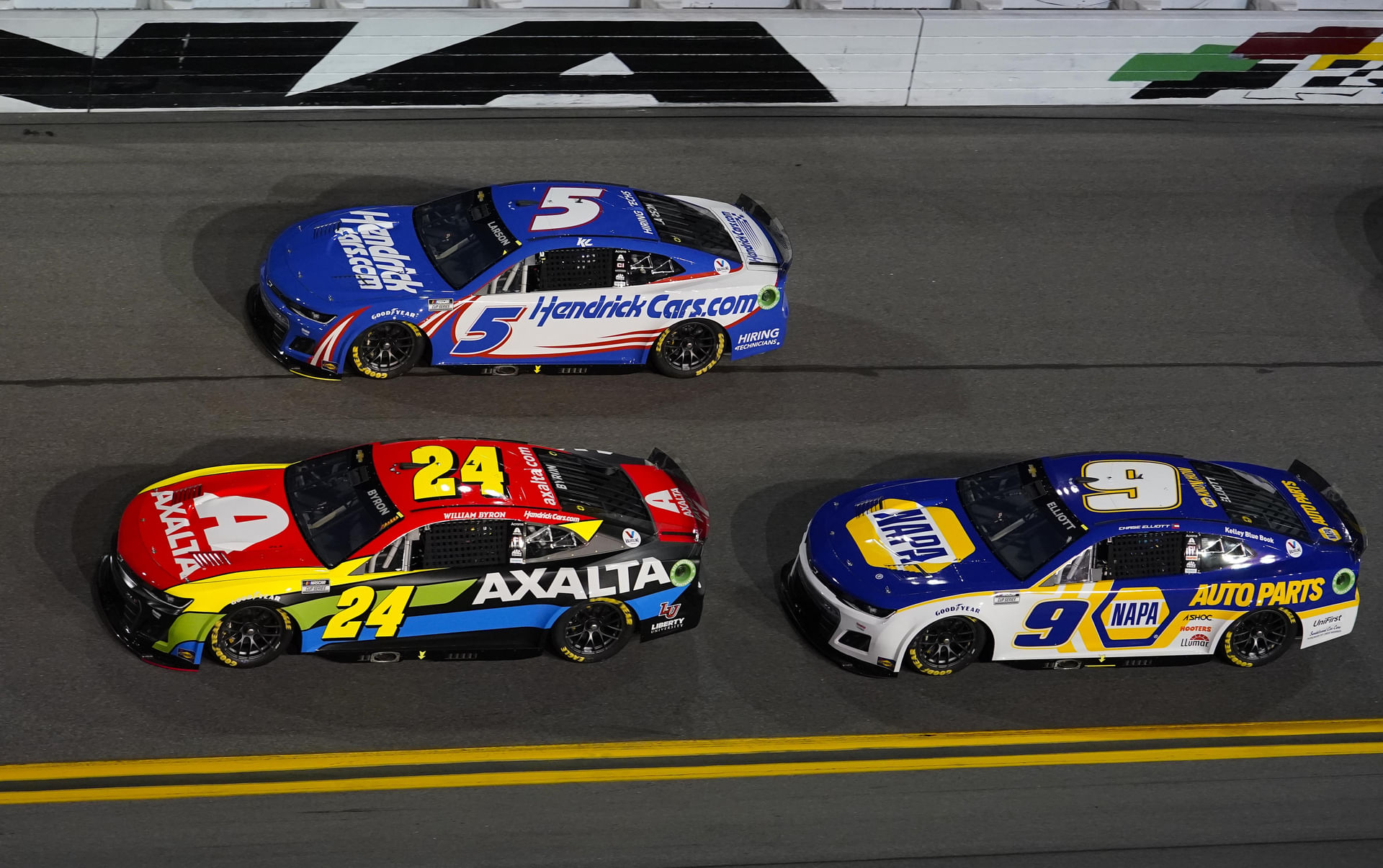 Hendrick Motorsports&#039; Kyle Larson (5), Chase Elliott (9), and William Byron (24) at Daytona International Speedway. Source: Imagn