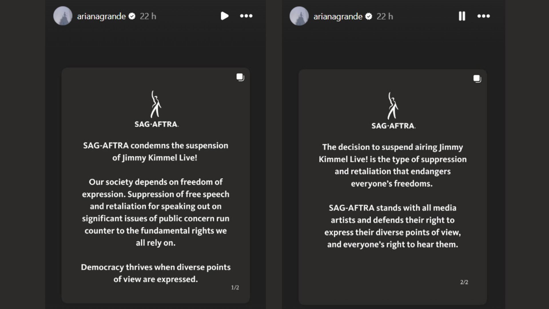 Ariana Grande shared the SAG-AFTRA statement in support of Jimmy Kimmel (Image via Instagram/@arianagrande)