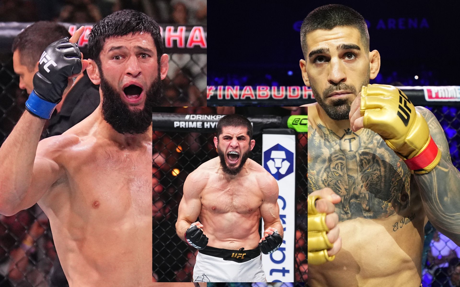 Islam Makhachev (inset), Khamzat Chimaev (left), and Ilia Topuria (right) occupy top P4P rankings. [Images courtesy: Getty]