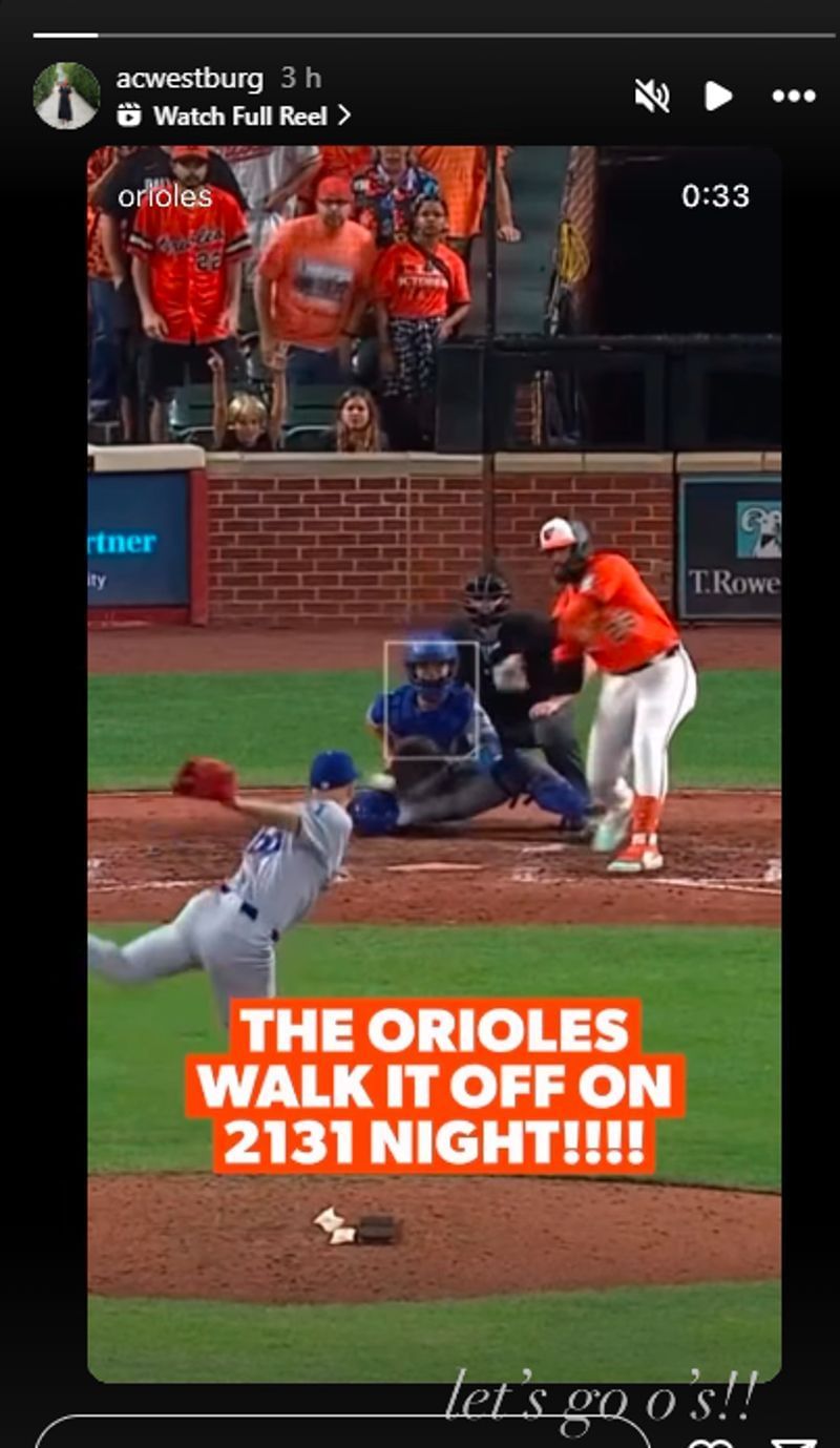 Jordan Westburg&#039;s wife, Anna, celebrates Orioles epic victory shared on the social media platform.(Via Instagram)