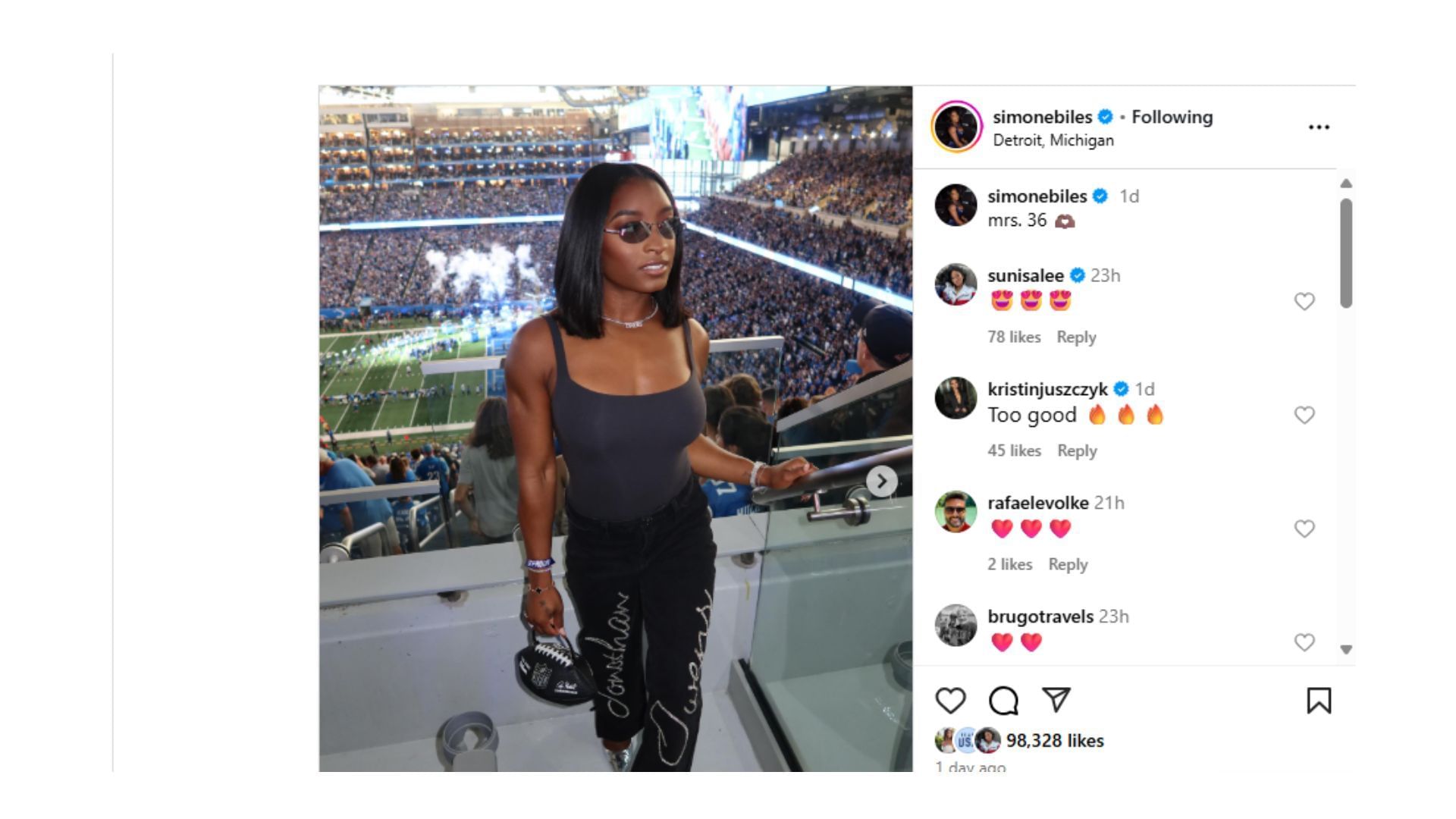 Juszczyk replied to  Biles Instagram post. (Photo via Simone Biles Instagram)