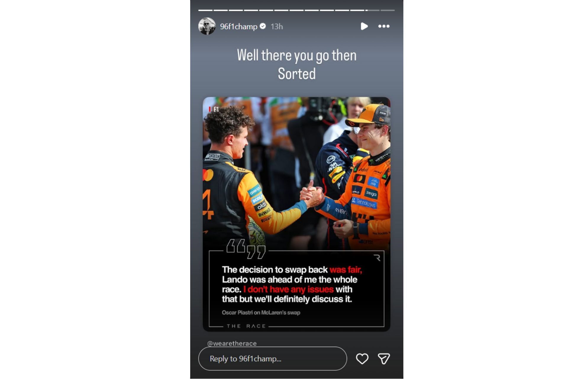 Snapshot of Damon Hill&#039;s comment...Credits-Instagram