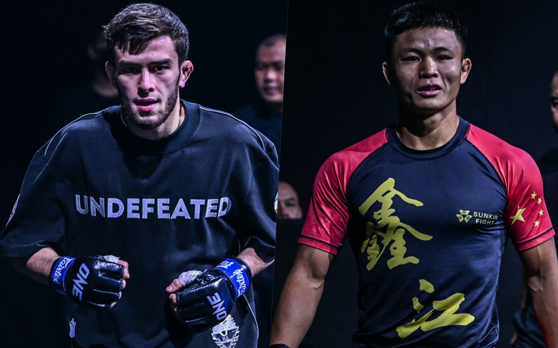 (From left) Sanzhar Zakirov and Hu Yong cross paths at ONE Fight Night 36. Images: ONE Championship