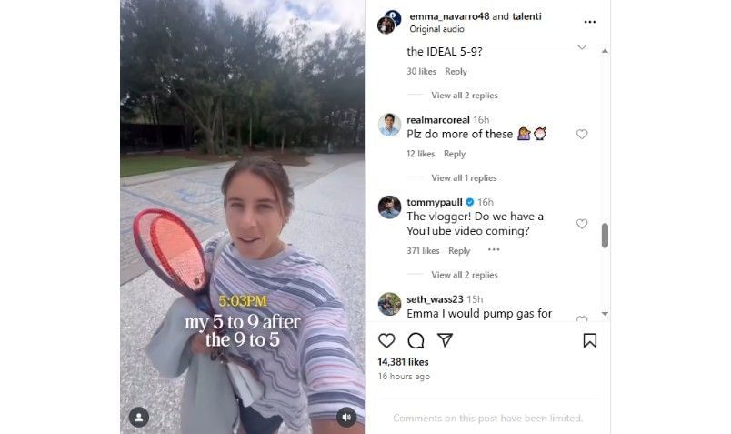 Screenshot of Emma Navarro&#039;s Instagram post featuring Tommy Paul&#039;s comments | Source: IG/emma_navarro48