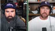 Jason Kelce and Travis Kelce discussing engagement stories on their podcast (Image via YouTube/ New Heights)