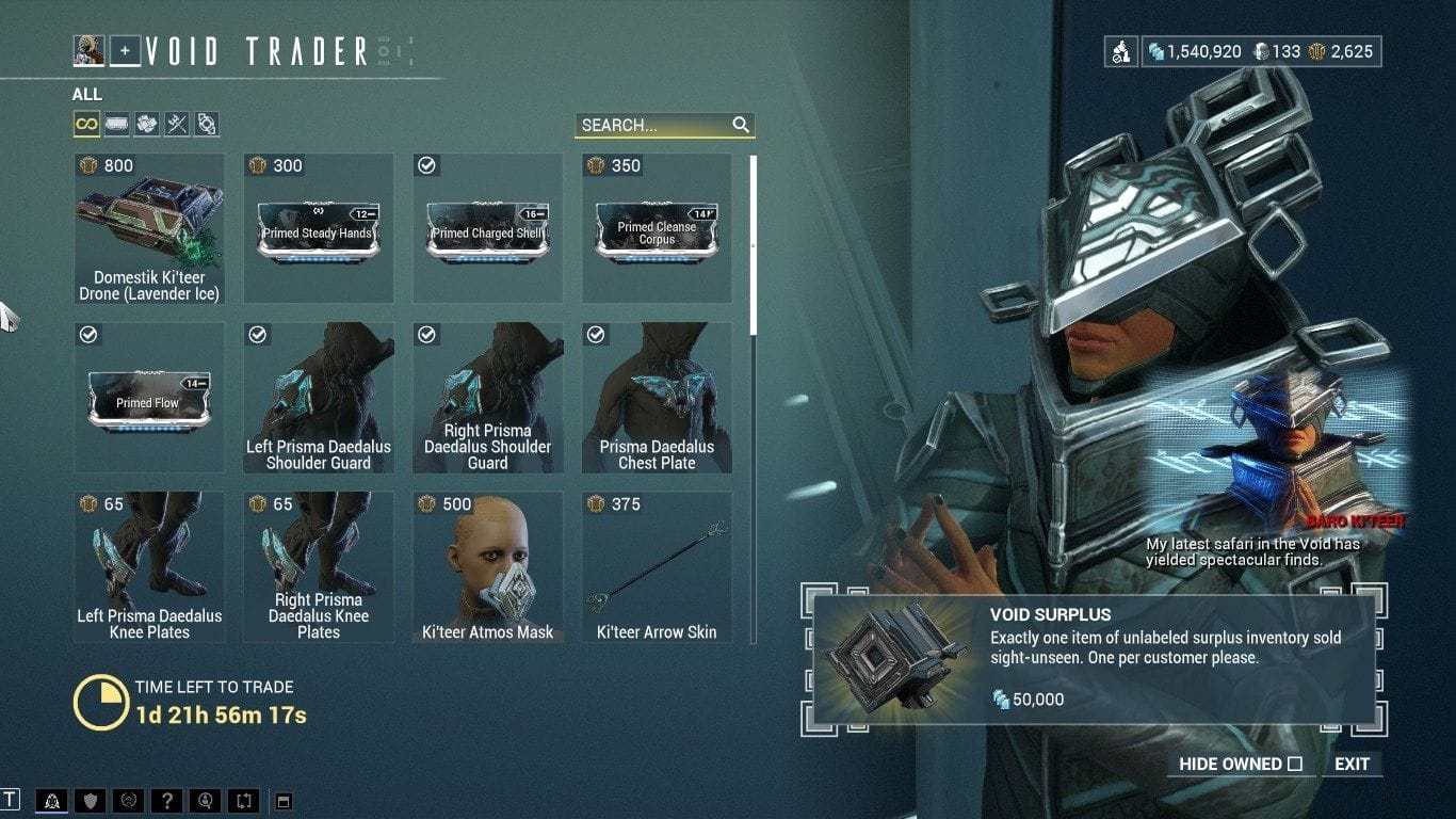 Warframe Baro Ki'teer inventory (October 35) Wares and