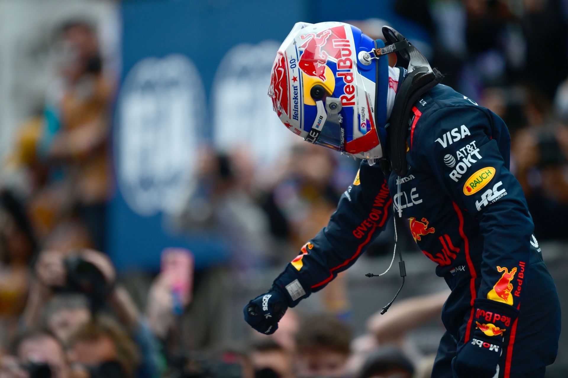 Max Verstappen of Oracle Red Bull Racing celebrates at the Baku City Circuit. Source: Getty