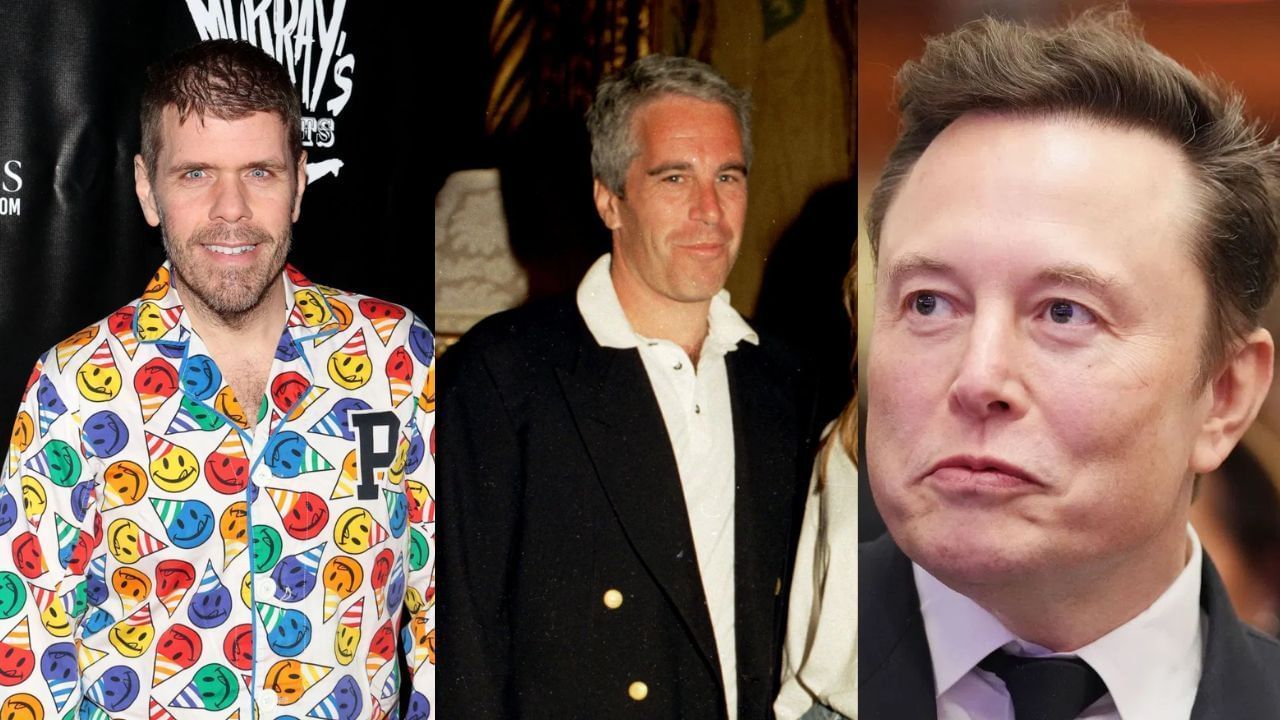 L to R: Perez Hilton, Jeffrey Epstein, Elon Musk (Image via Getty)