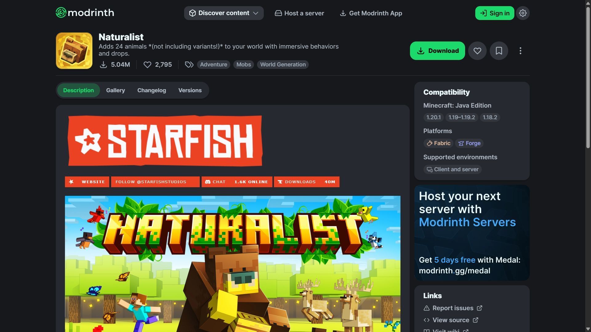 Naturalist mod can be downloaded from the Modrinth website (Image via CurseForge/crispytwig)