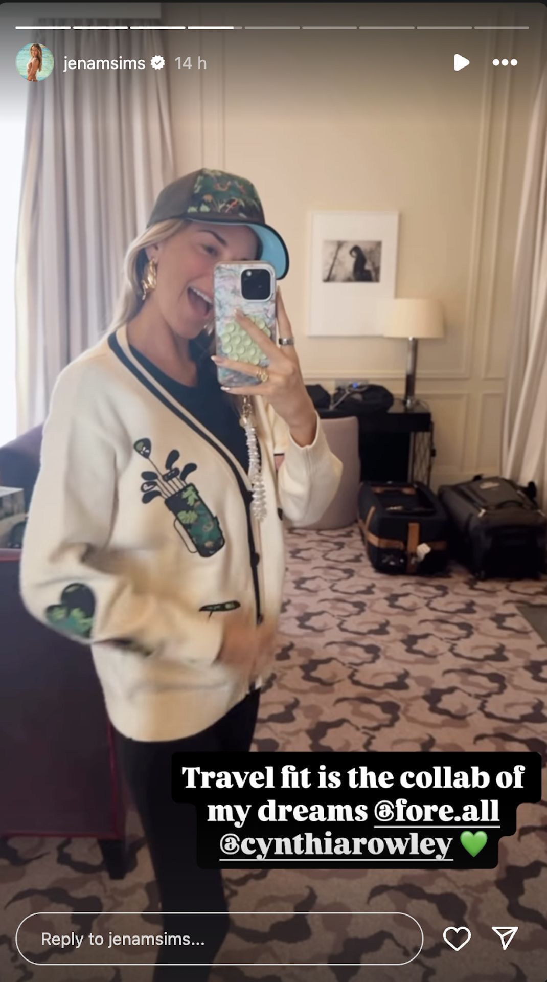 Jena Sims shares her golf-inspired cardigan while travelling to Paris (Image via Instagram @jenamsims)