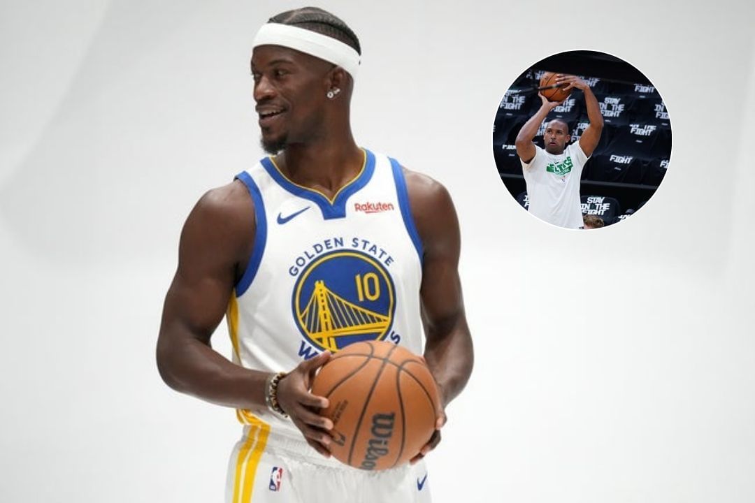 Jimmy Butler posing for pictures during a media day shoot, Al Horford shooting threes during a warm up (Source: Imagn)