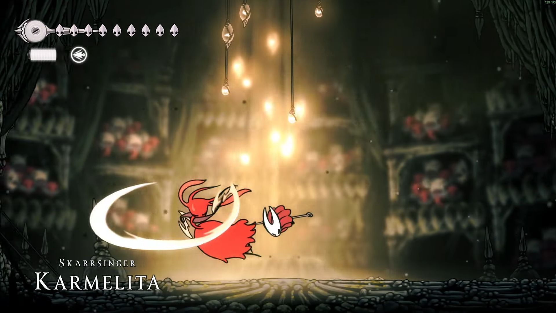 Duel with Skarrsinger Karmelita in Hollow Knight Silksong (Image via Team Cherry || YouTube/LoganZ)