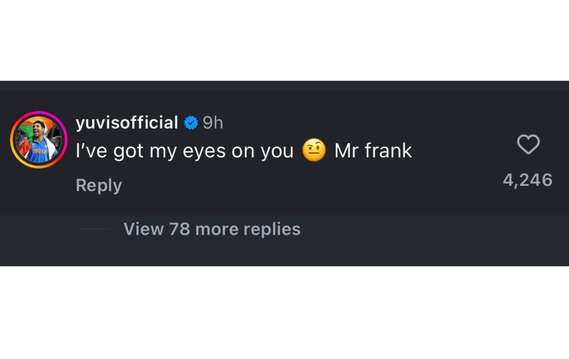 Screenshot of Yuvraj Singh&#039;s comment on Abhishek Sharma&#039;s Instagram post.