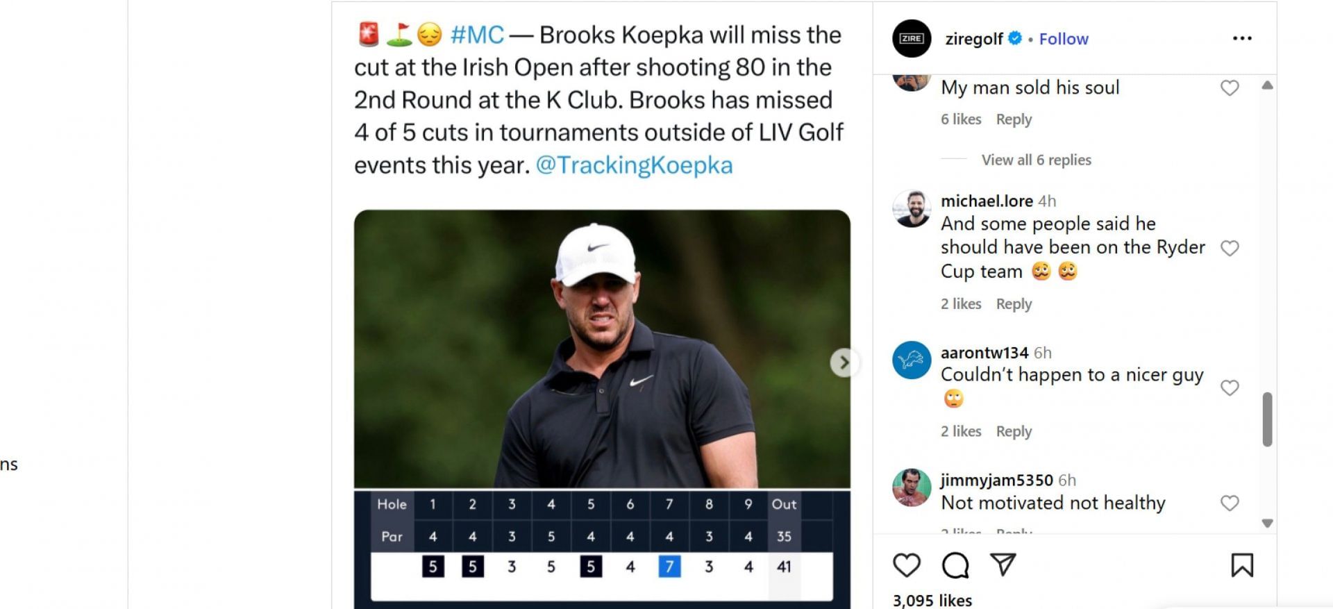 Golf world reacts to Brooks Koepka&rsquo;s missed cut at the 2025 Amgen Irish Open/@ziregolf
