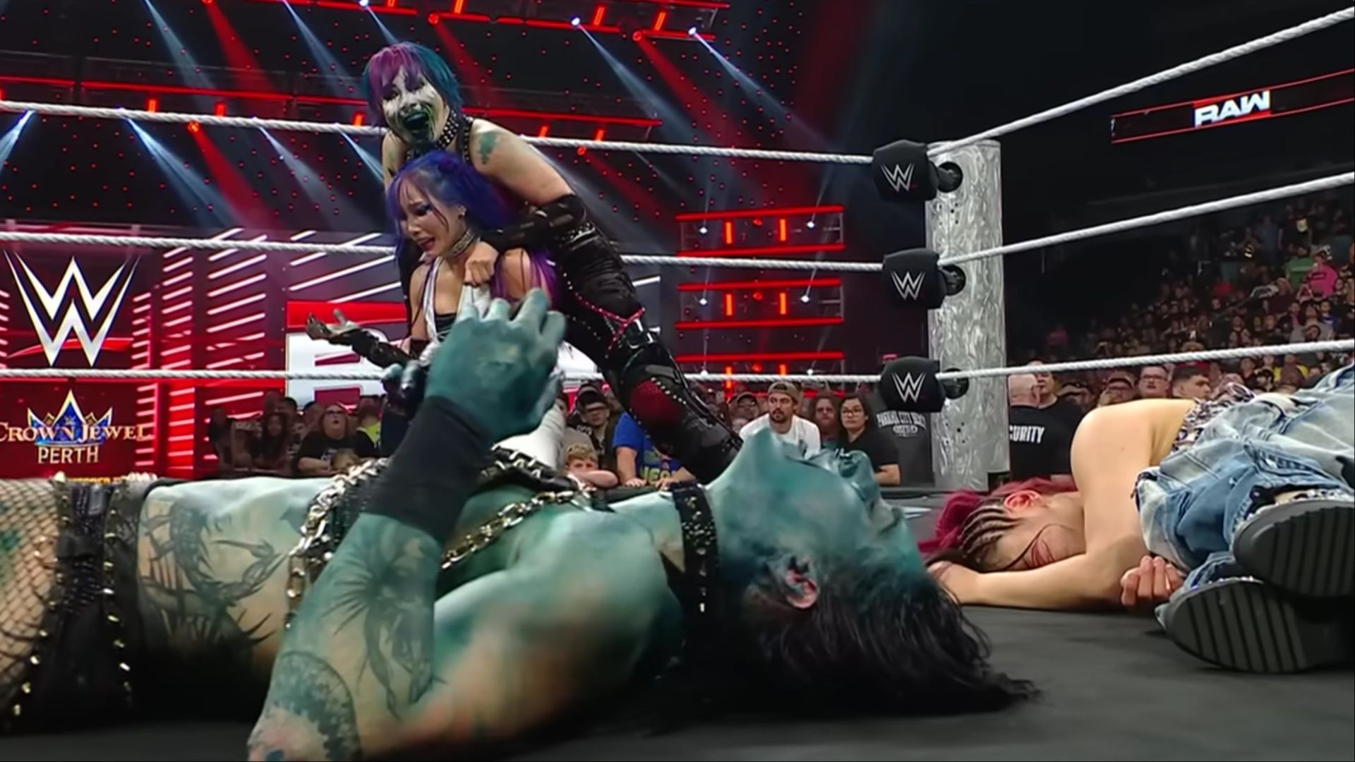 Rhea Ripley and IYO SKY were attacked by The Kabuki Warriors on WWE RAW. (Photo: @WWEonNetflix on YouTube)