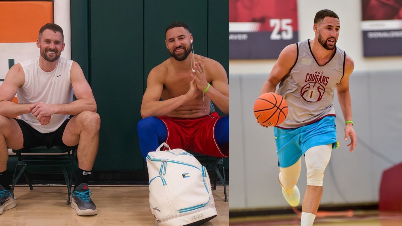 &quot;Still at it 20 years later is crazy&quot;: Klay Thompson shares heartfelt message on post-workout picture with $8,000,000 Utah Jazz star. [photo: @wsucougarmbb/IG, @klaythompson/IG]