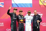 George Russell joins Max Verstappen and Carlos Sainz on the podium in Baku, 2025 (Getty Images)