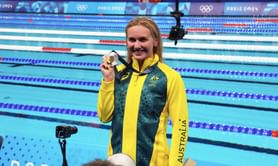 Ariarne Titmus reacts to her coach Dean Boxall's viral celebration at Paris Olympics