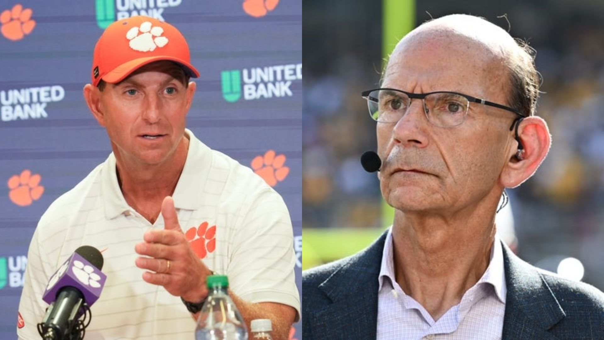 Clemson coach Dabo Swinney (left) and American sports personality Paul Finebaum (right) (Image Source: IMAGN)