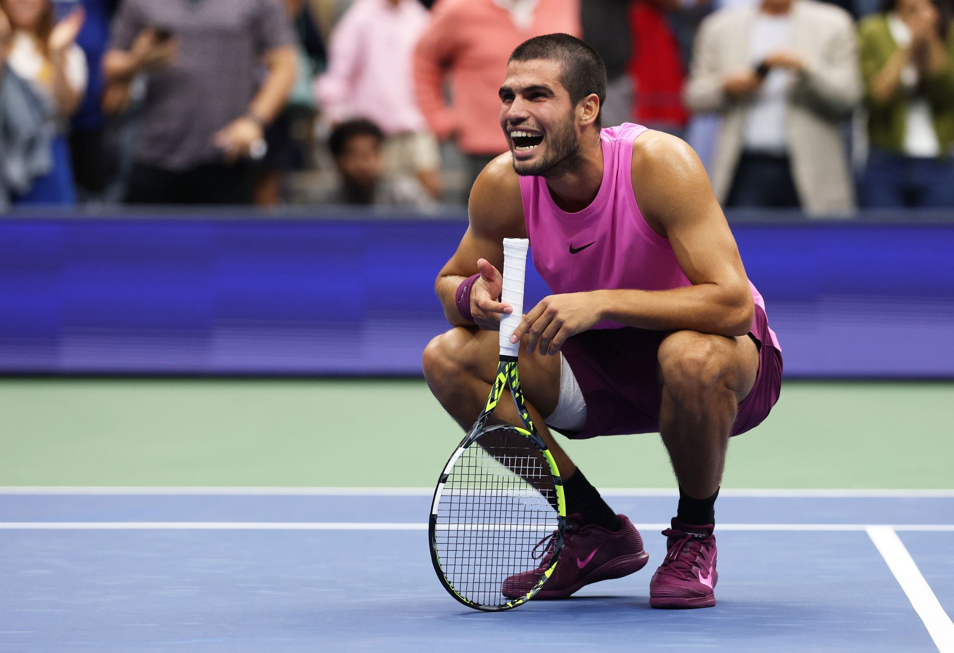 Carlos Alcaraz celebrates after converting match point in the men&#039;s singles final of the 2025 US Open (Source: Getty)