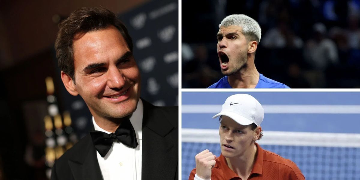 Roger Federer (left), Carlos Alcaraz (top right), Jannik Sinner (bottom right), Sources: Getty