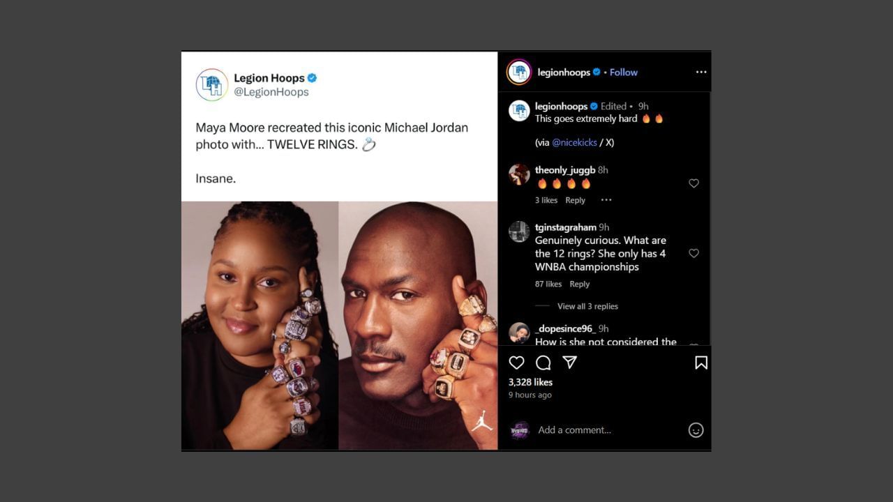 Moore recreates the iconic Michael Jordan ring picture. (Credits: @legionhoops/IG)