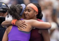 Coco Gauff (right) embraces Naomi Osaka (left) after losing to the Japanese in a women's singles fourth-round match at the 2025 US Open (Source: Getty)