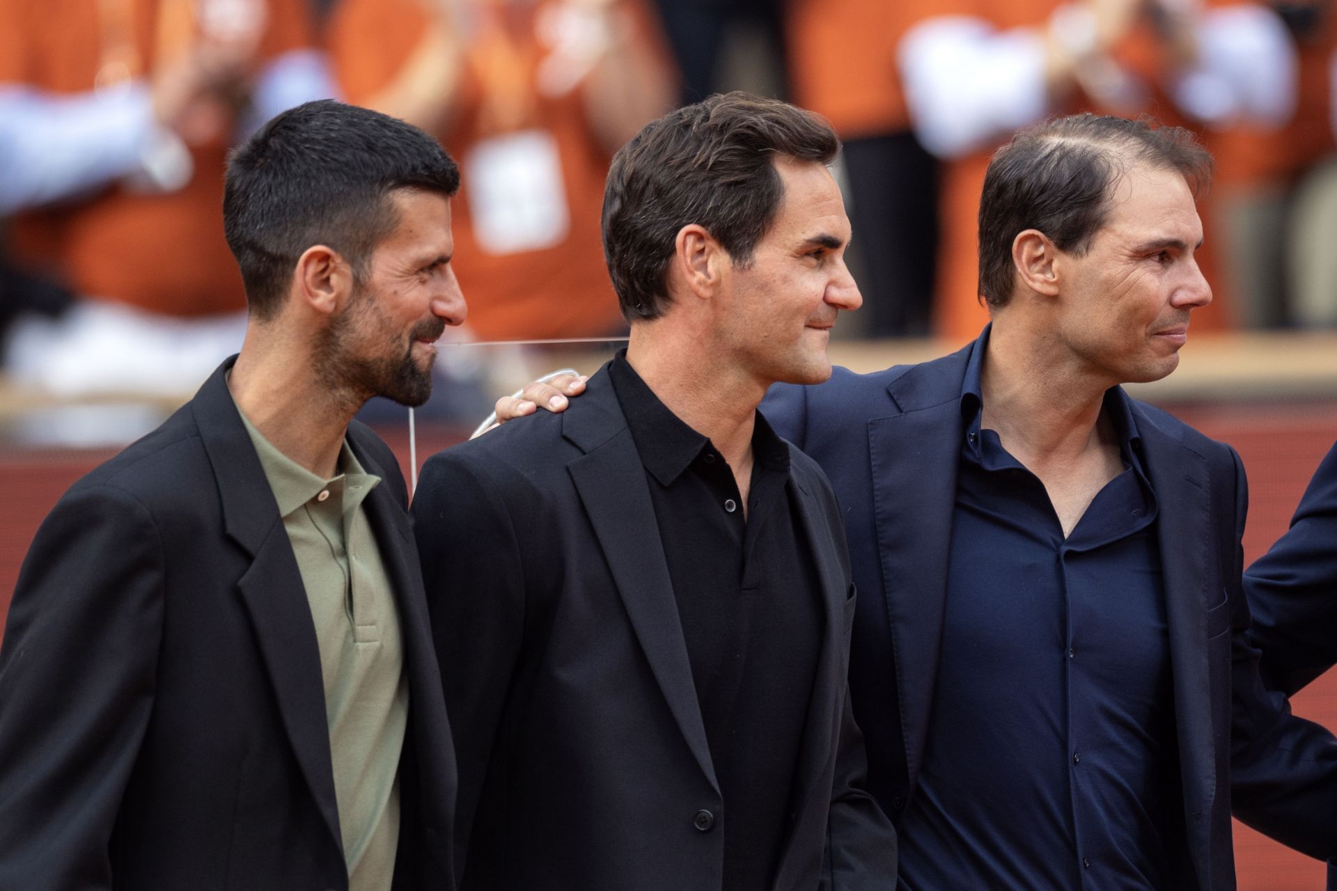 Novak Djokovic (left), Roger Federer (center) and Rafael Nadal (right) at the 2025 French Open (Source: Getty)