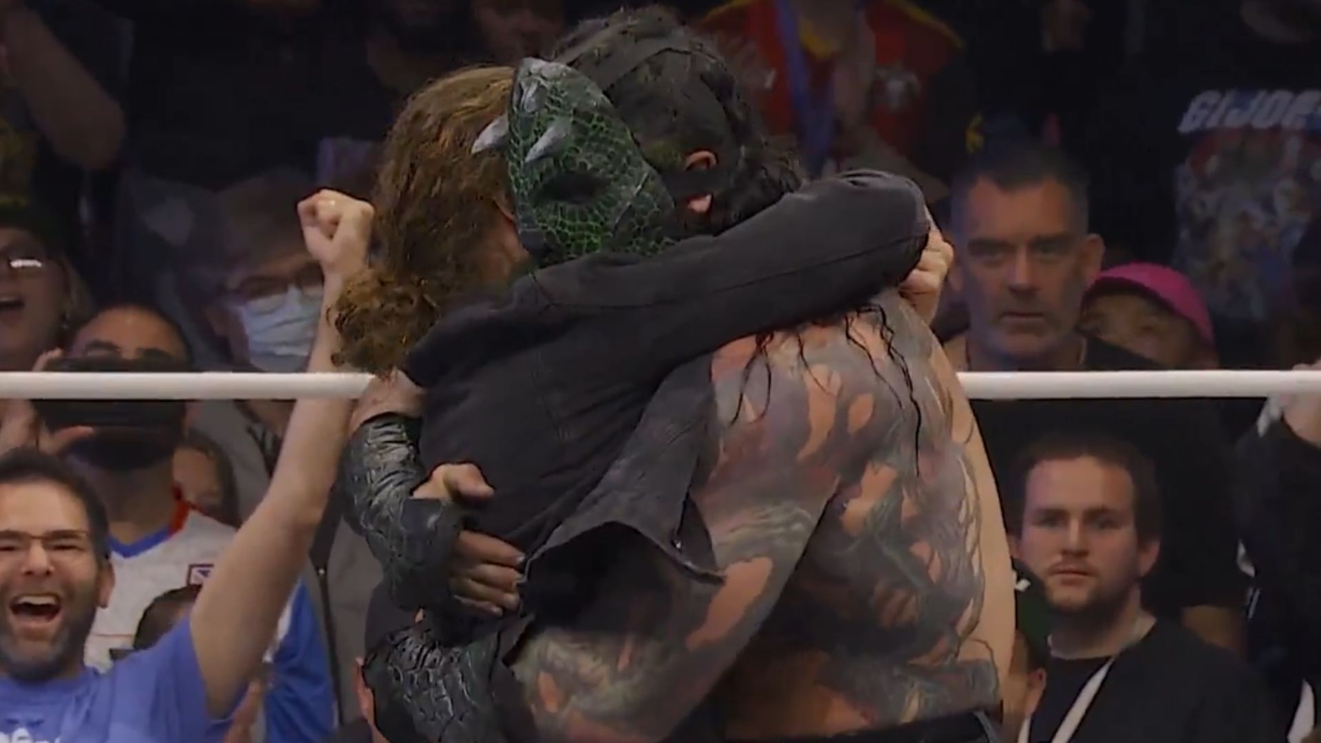 Luchasaurus and Jack Perry embracing at AEW All Out [Image Credits: AEW