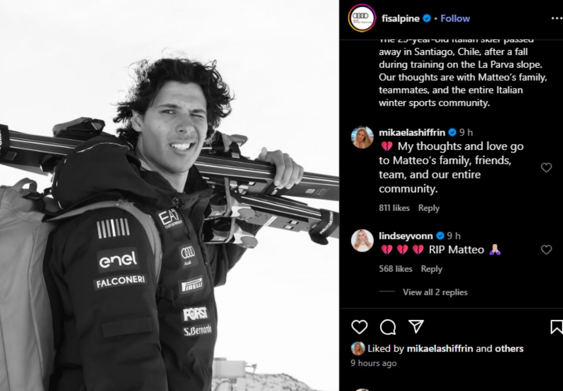 Shiffrin and Vonn&#039;s condolences; Instagram - @fisalpine