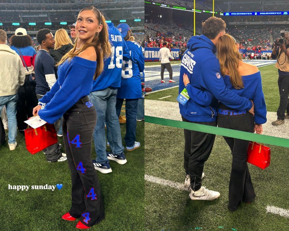 Cam Skattebo&#039;s GF Chloe dons blue in custom Giants RB-laden outfit for the Week 3 game vs. Chiefs [IG/@chloee_rodriguez]