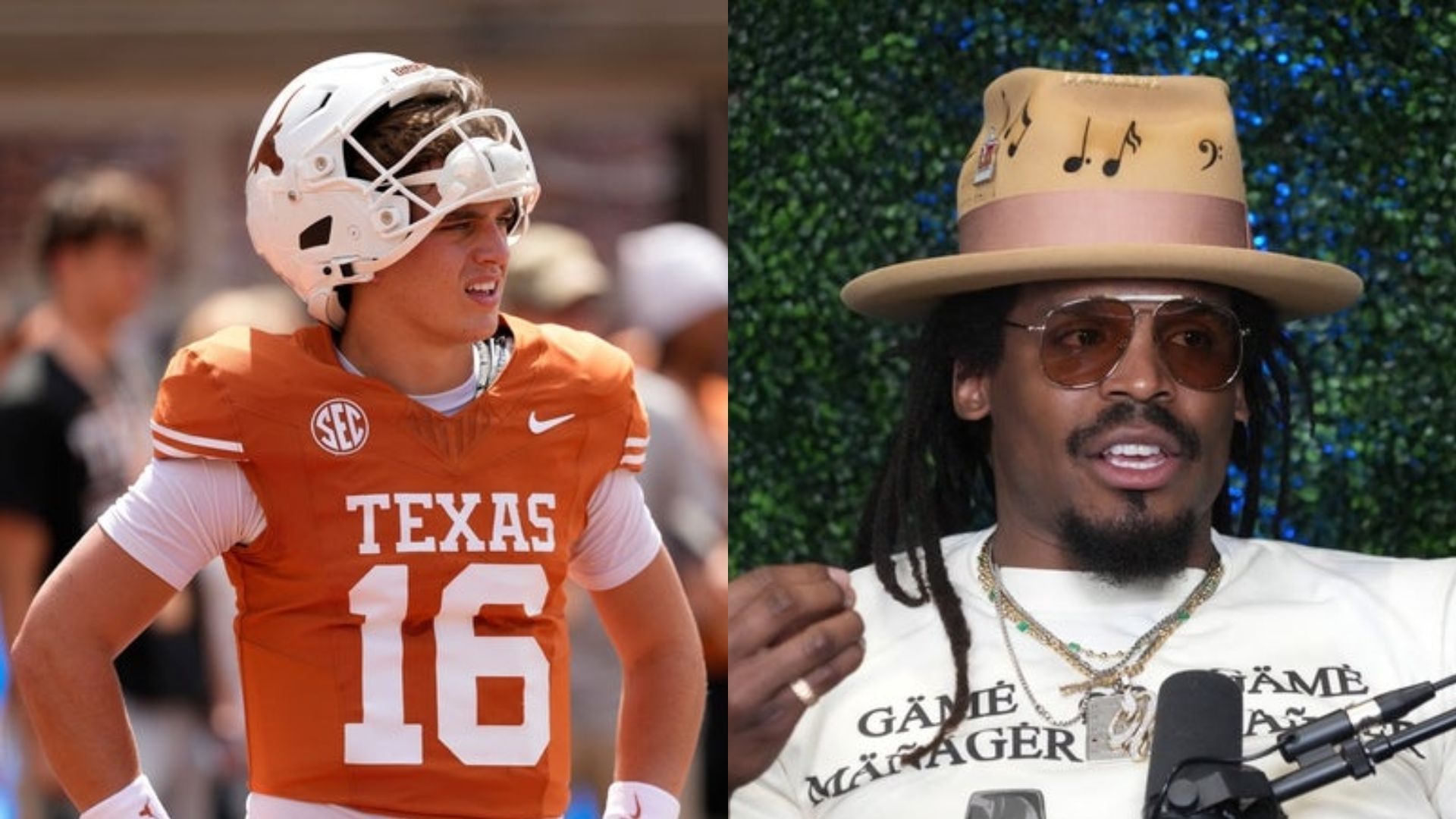 Texas Longhorns quarterback Arch Manning (left) and former Carolina Panthers star QB Cam Newton (right) (Image Source: IMAGN)