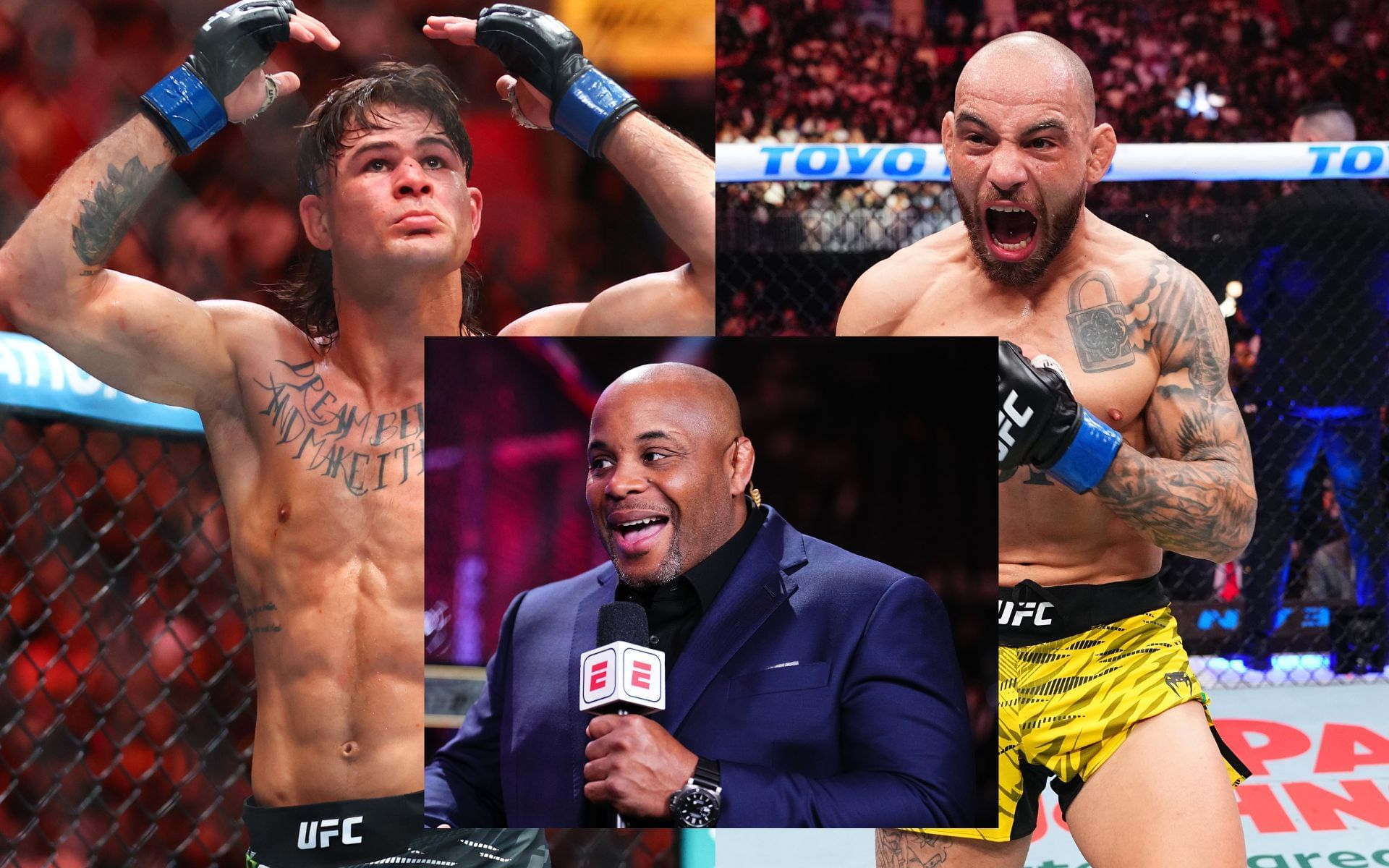 Daniel Cormier (inset) previews the fight between Diego Lopes (left) and Jean Silva (right). [Images courtesy: Getty]