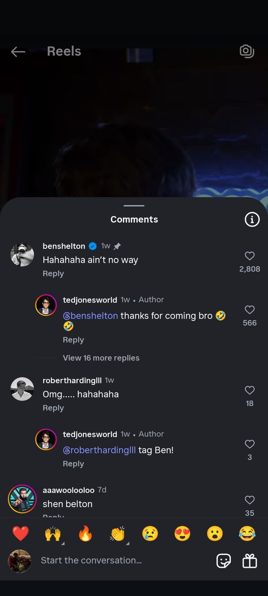 Ben Shelton&#039;s comment on Teddy Jones&#039; video | Instagram @tedjonesworld