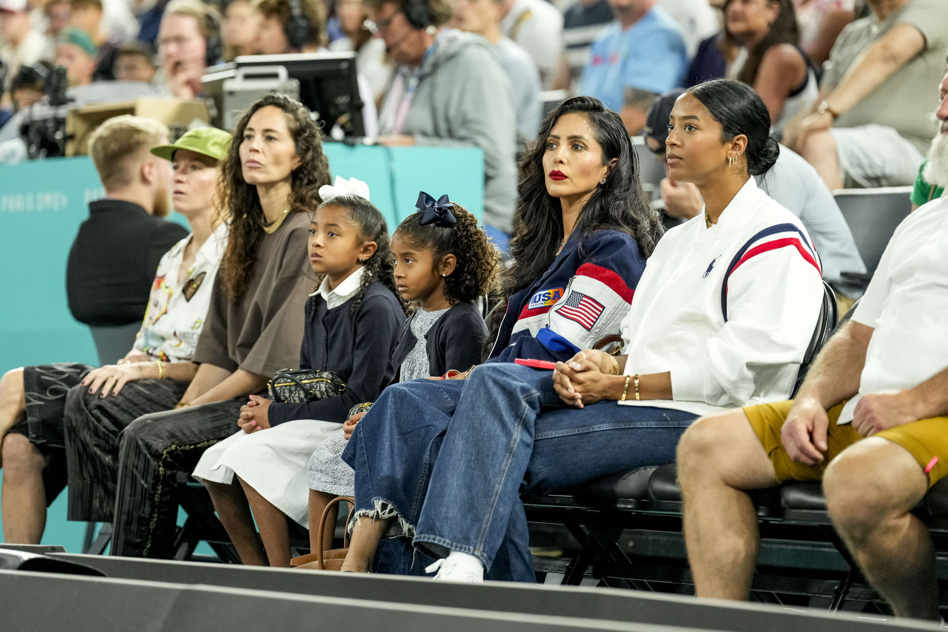 Megan Rapinoe, Sue Bird, and Kobe Bryant&rsquo;s family, Vanessa Bryant and their children, watch a women&#039;s basketball semifinal game during the Paris 2024 Olympic Summer Games at Accor Arena. Mandatory Credit: Kyle Terada-Imagn Images - Source: Imagn