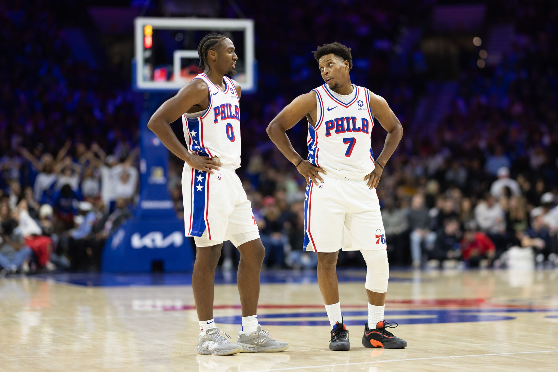 Philadelphia 76ers guard Tyrese Maxey (0) talks with guard Kyle Lowry (7) - Source: Imagn