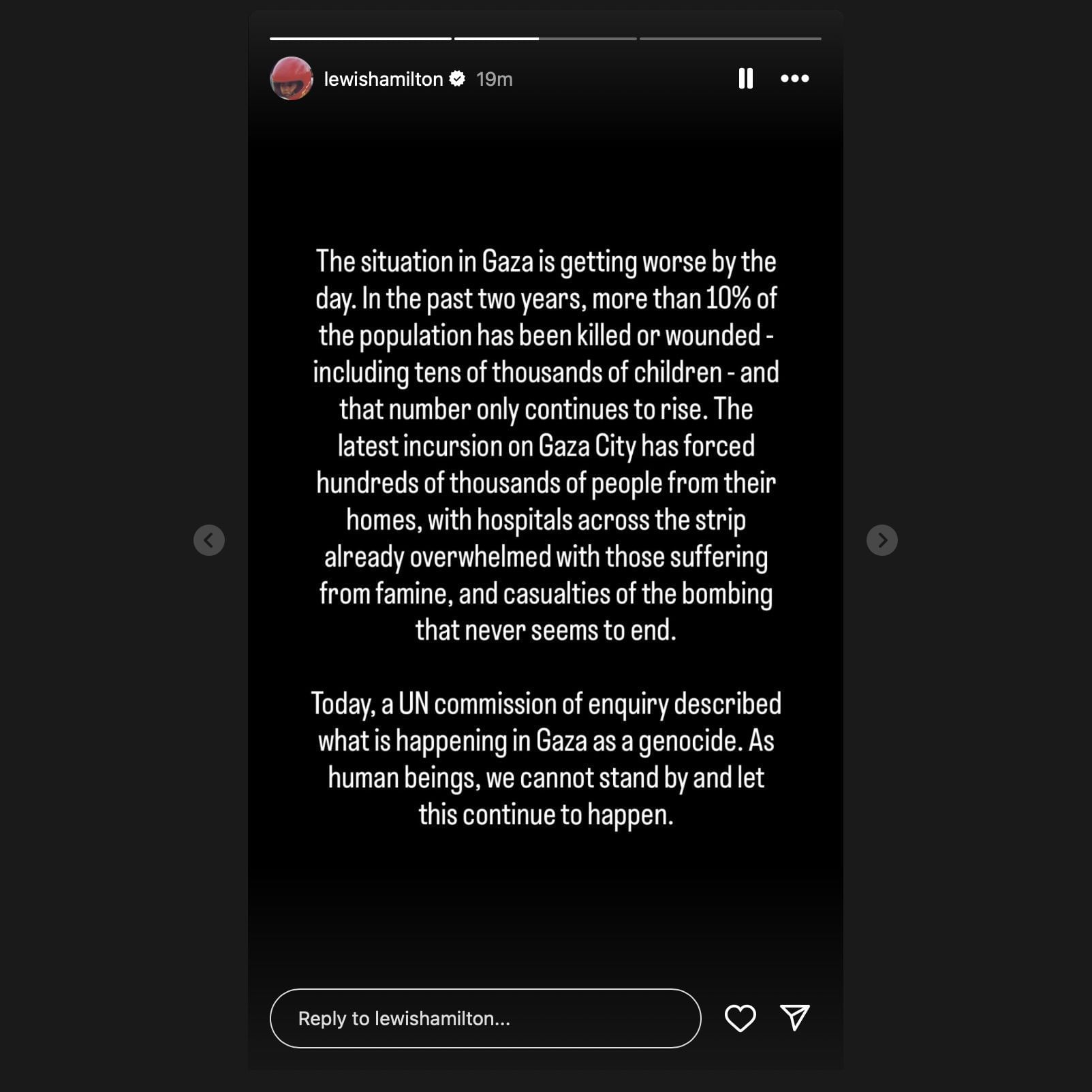 Screen grab via Lewis Hamilton&#039;s Instagram story [via Instagram/@lewishamilton]