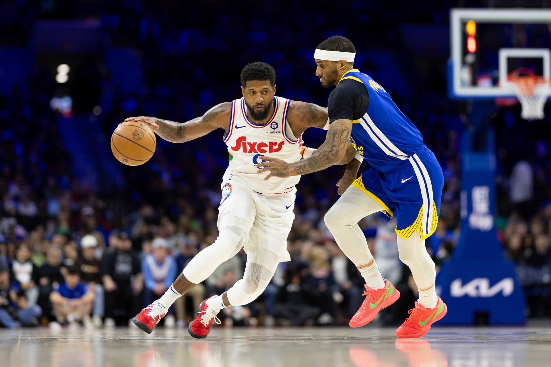 Philadelphia 76ers forward Paul George (8) dribbles the ball against Golden State Warriors guard Gary Payton II (0) - Source: Imagn