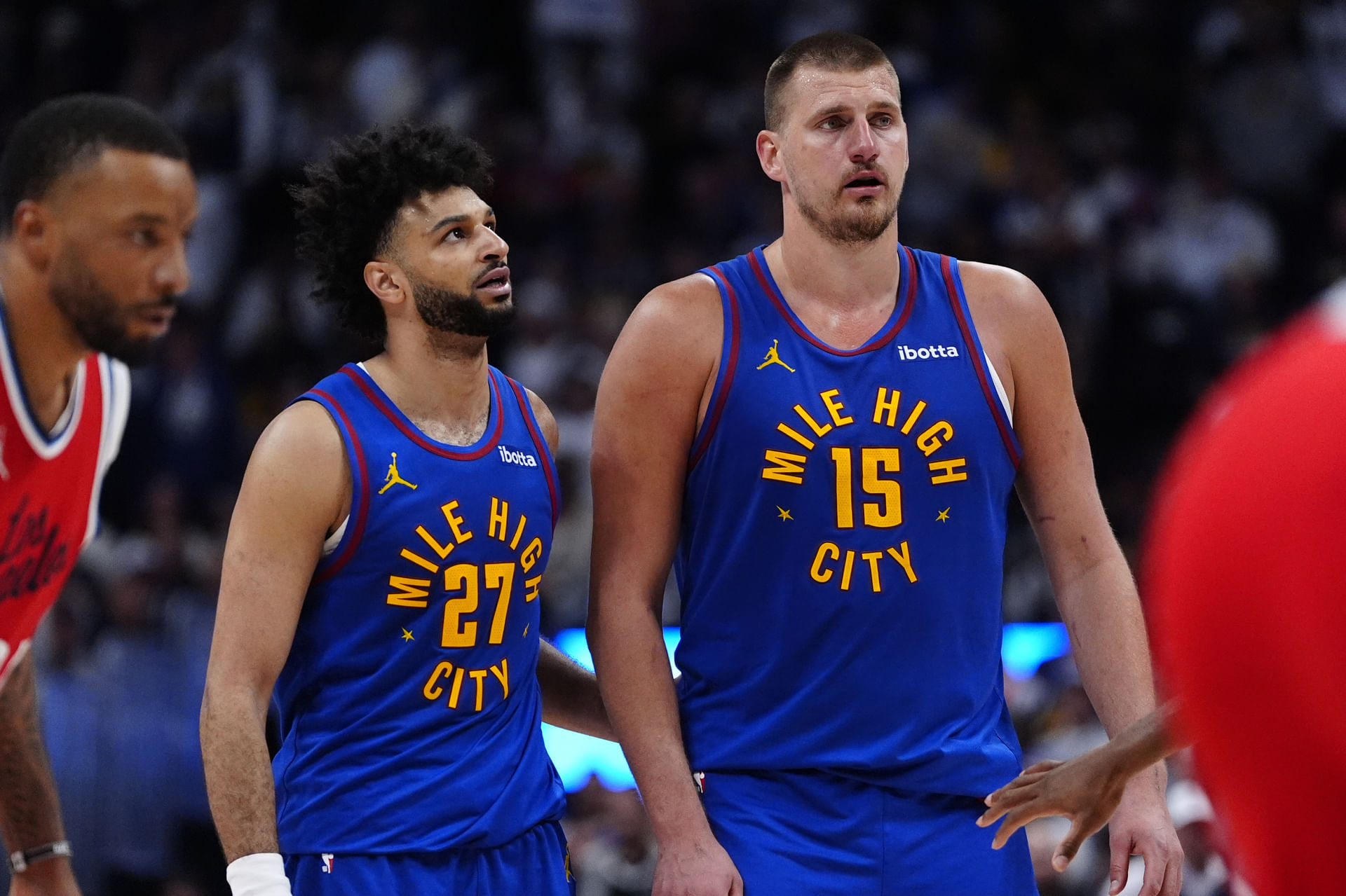Denver Nuggets center Nikola Jokic (15) and Denver Nuggets guard Jamal Murray (27) during overtime against the LA Clippers at Ball Arena.  - Source: Imagn