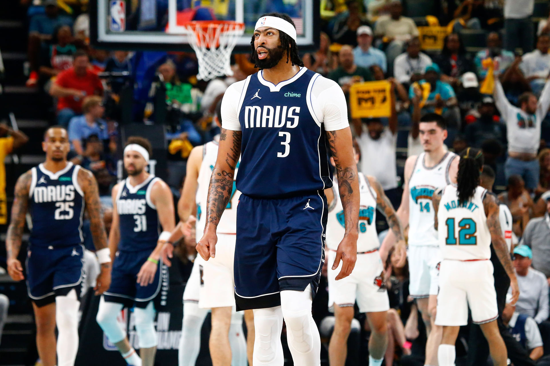 Dallas Mavericks forward Anthony Davis (3) walks toward the bench during a time out during the first quarter against the Memphis Grizzlies at FedExForum. Mandatory Credit: Petre Thomas-Imagn Images