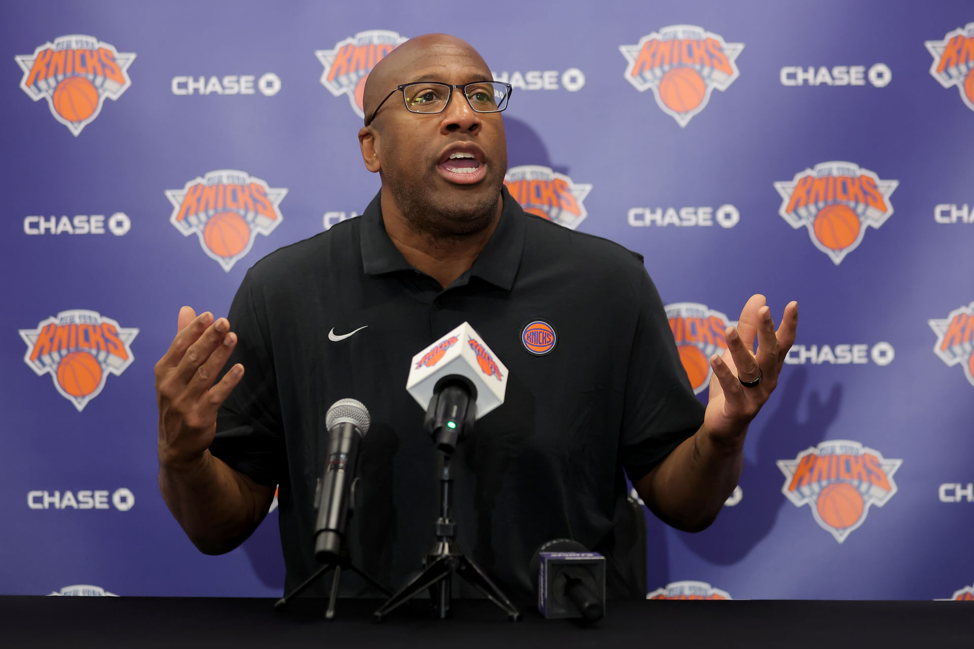 New York Knicks head coach Mike Brown speaks to the media during a media day press conference at the Madison Square Garden training center - Source: Imagn