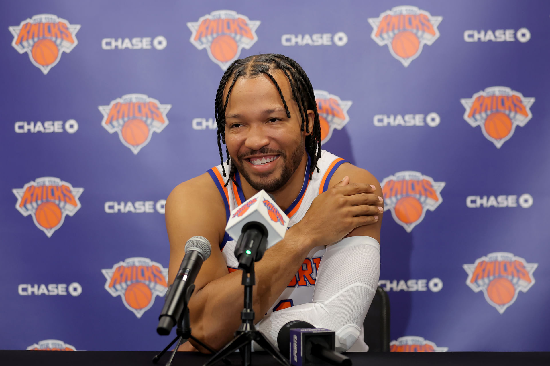 New York Knicks guard Jalen Brunson speaks to the media during a media day press conference at the Madison Square Garden training center. - Source: Imagn