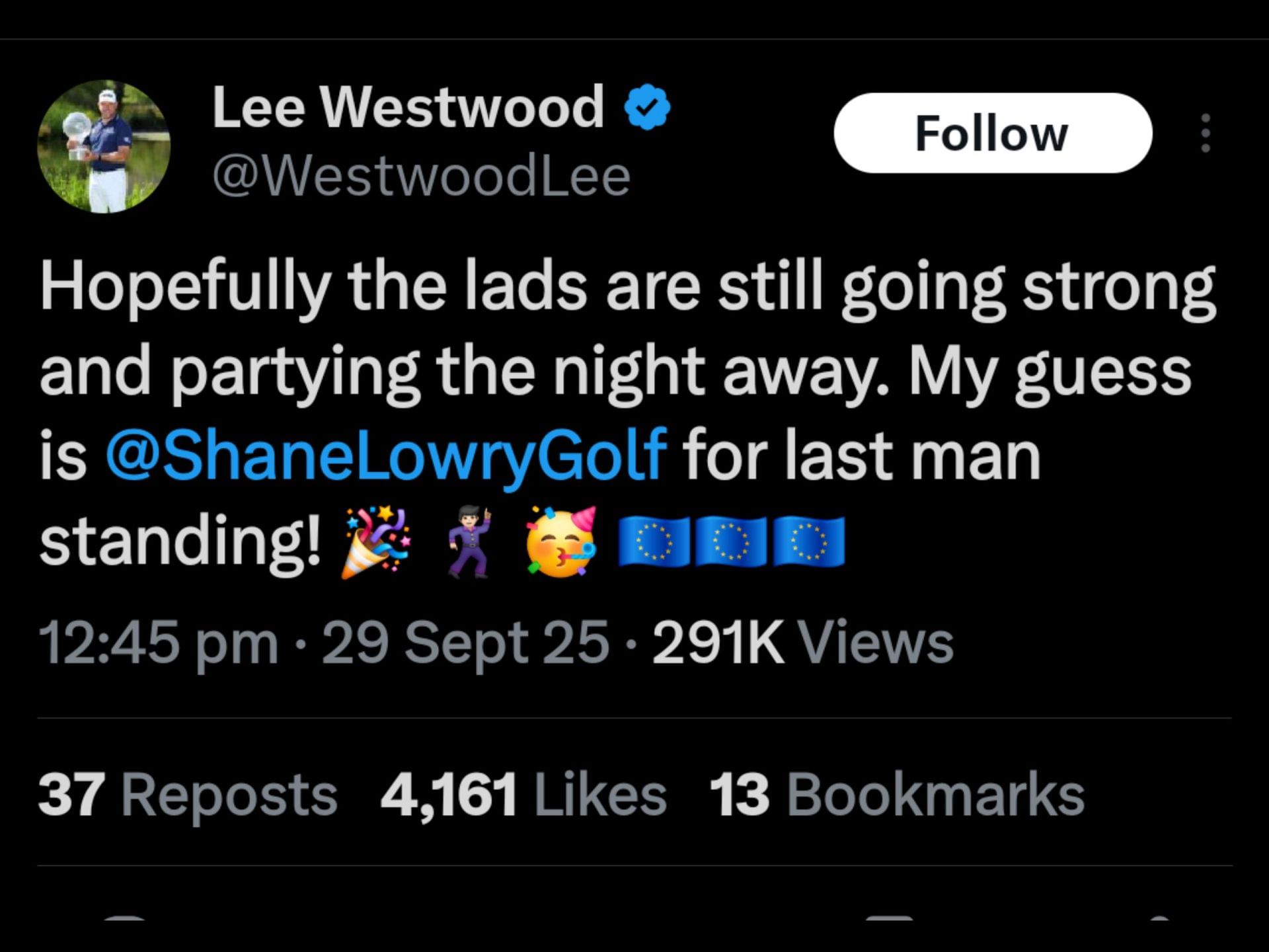 Screenshot from Westwood&#039;s X post on Lowry / Source: @WestwoodLee on X