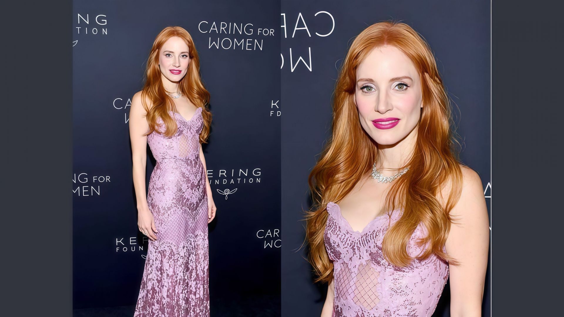 Jessica Chastain in a lavender-pink, Gucci dress(Image via Instagram/@checkthetag)