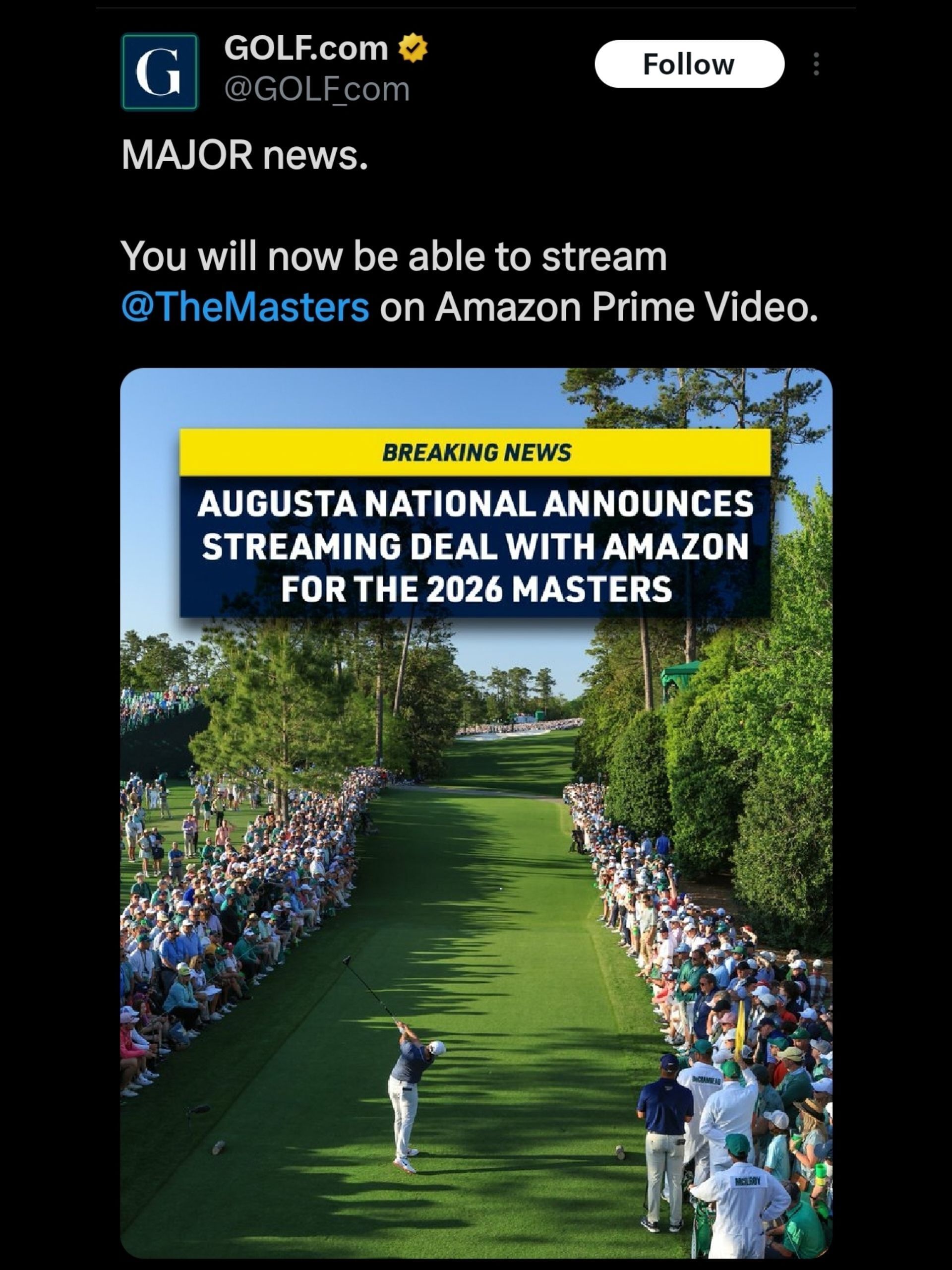 Screenshot from GOLF.com&#039;s post on X regarding Amazon Prime deal / X: @GOLF_com