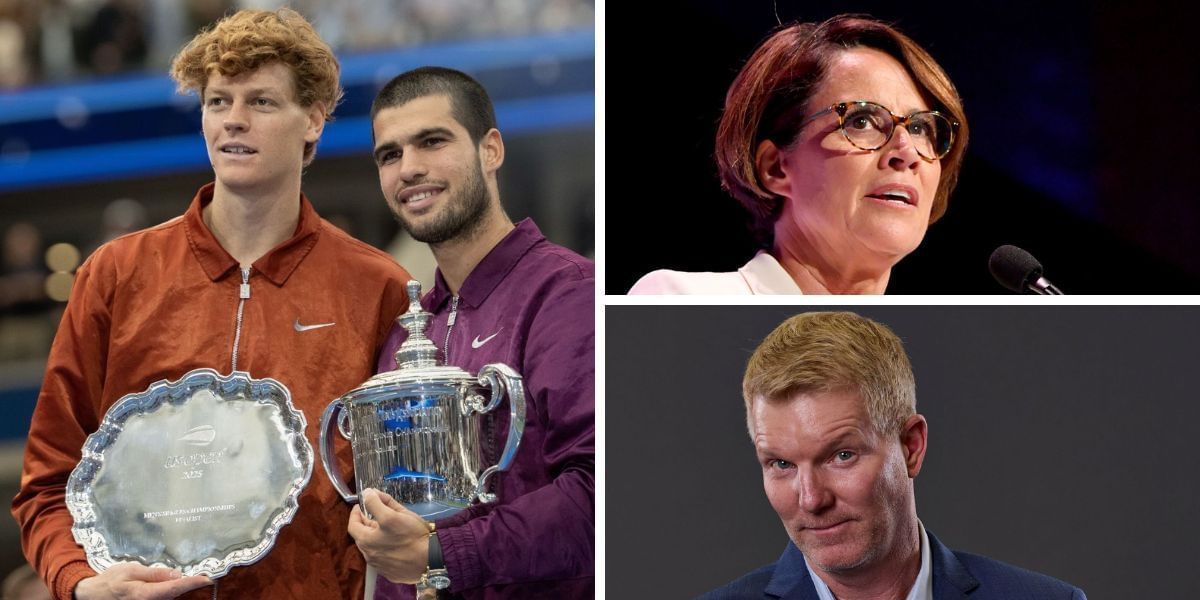 Jannik Sinner and Carlos Alcaraz (left), Mary Carillo (top right), Jim Courier (bottom right), Sources: Getty
