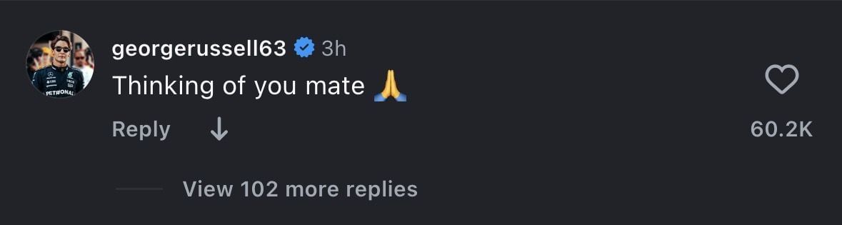 Screen Grab of George Russell's Comment pod Hamiltonovým Instagramom Post (cez Instagram/@Lewishamilton)
