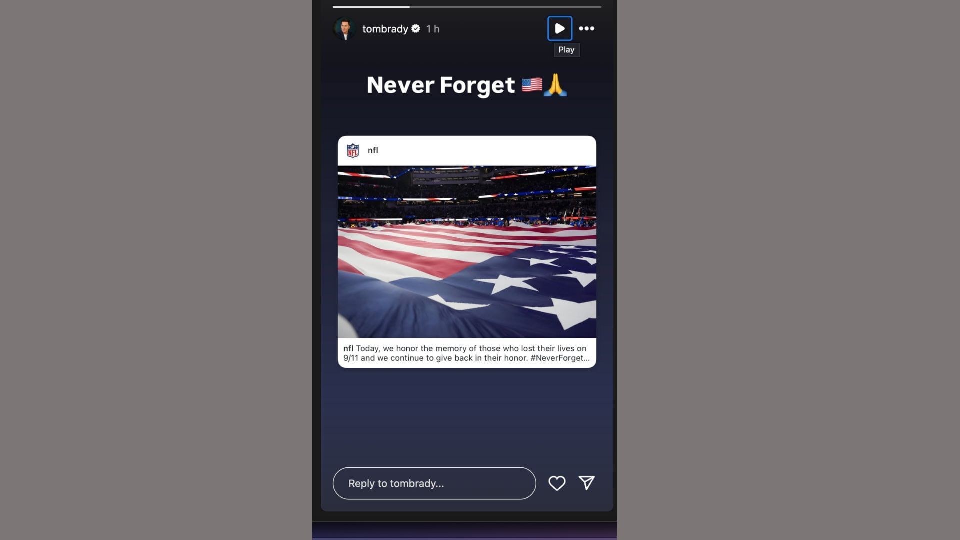 Tom Brady reshared the NFL&rsquo;s IG tribute (Credits: @tombrady Instagram)